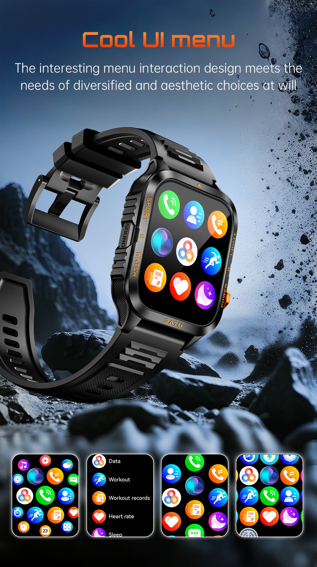 KT89Smart Watch Bluetooth Call True Heart Rate Step Sleep Flashlight Deep Waterproof Three-Proof Sports Reminder