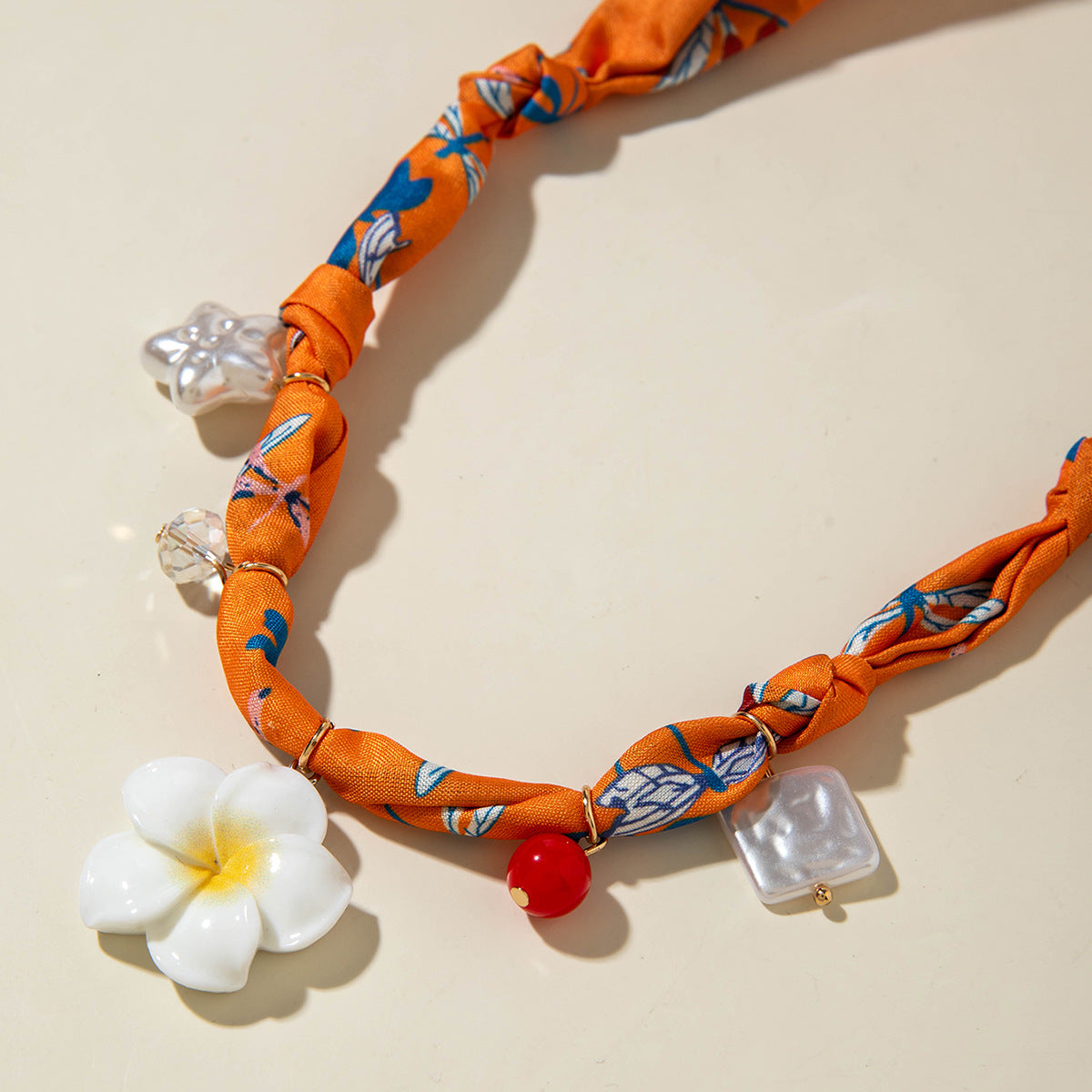 European and American Style Long Silk Scarf Necklace, Light Luxury High-End Feel, Multiple Pendants, Pearl Colorful Silk Scarf Necklace