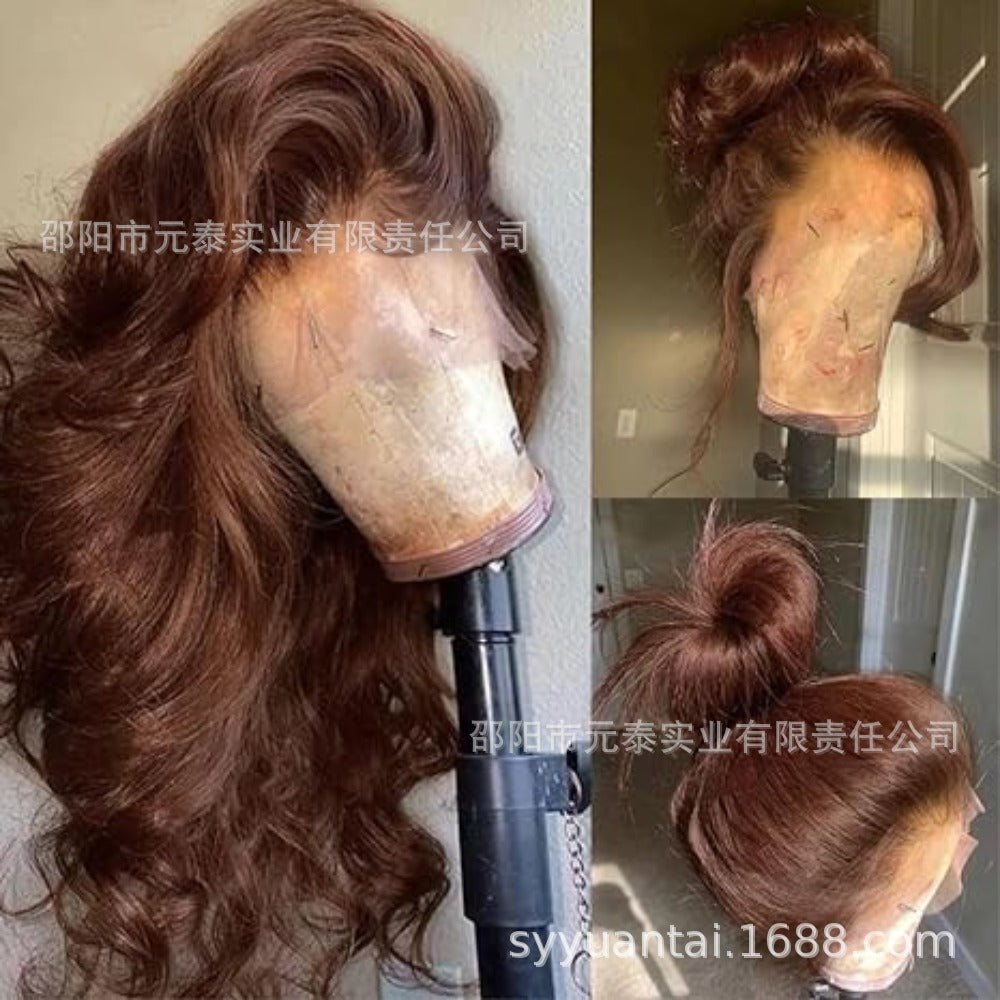 13x4x1Foreign Trade Hot-Selling Wig for European and American Women, Front Lace Wig, Synthetic Chocolate Color, Big Curly Rilley Style