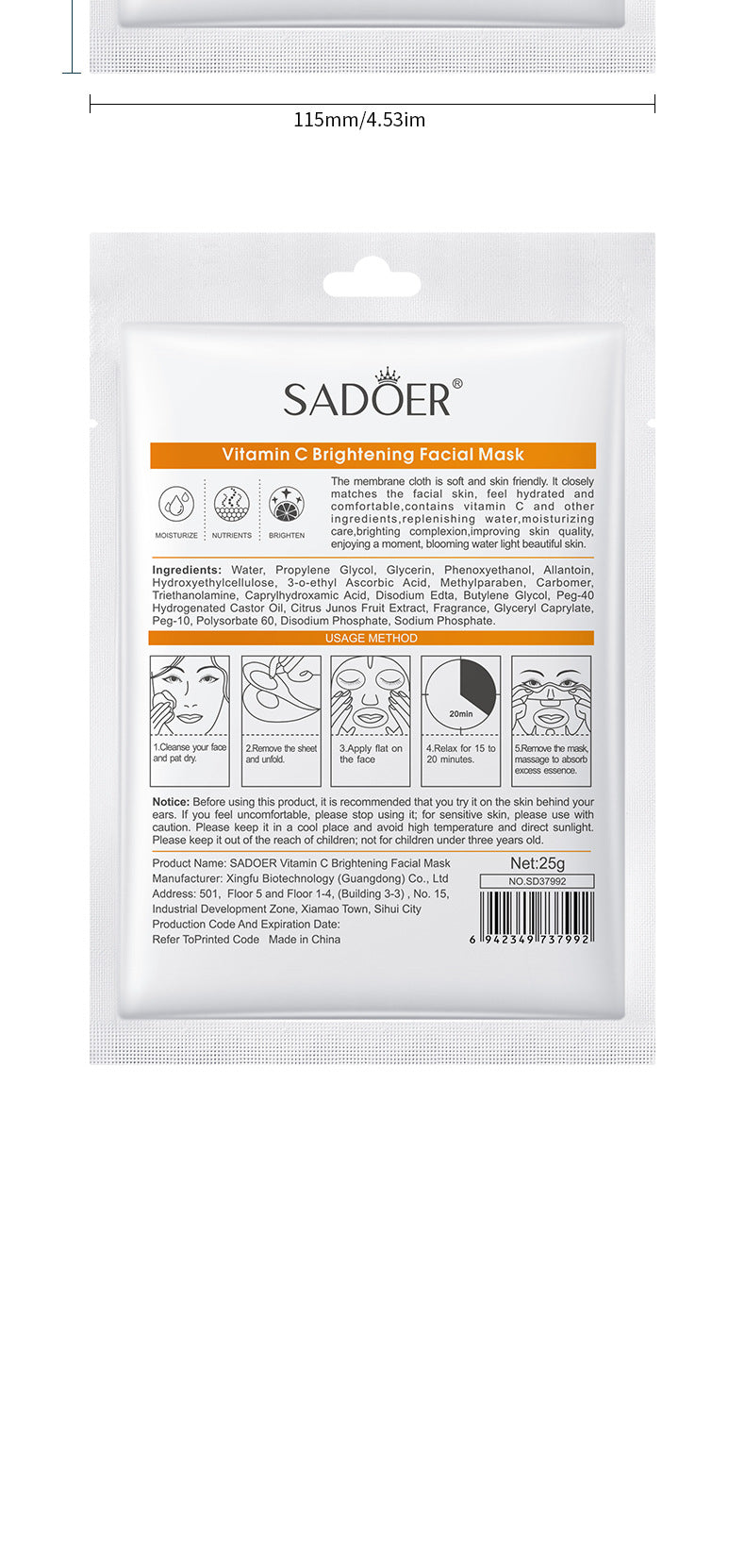 Vitamin C Facial Mask25gSADOER Hydrating Moisturizing and Nourishing VC Facial Mask Sheet Pack Live Export Wholesale