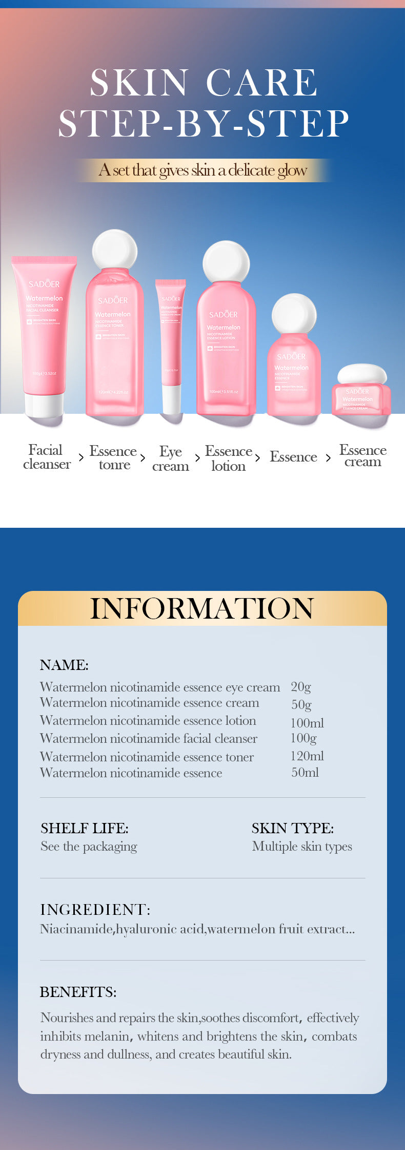 Full English Watermelon Niacinamide Six-Piece Set SADOER Moisturizing and Hydrating Set Box  Wholesale