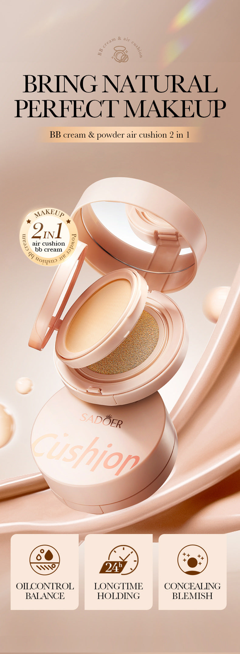 Light Sensing Cushion Compact SADOER Moisturizing and Light BB Cream Concealer Foundation  Wholesale