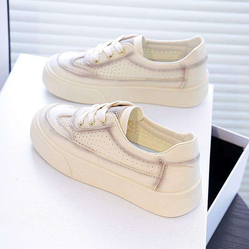 2025Spring and Summer New Hollow Breathable Lightweight White Shoes for Women Versatile Soft Sole Sports Thick Sole Casual Sneakers