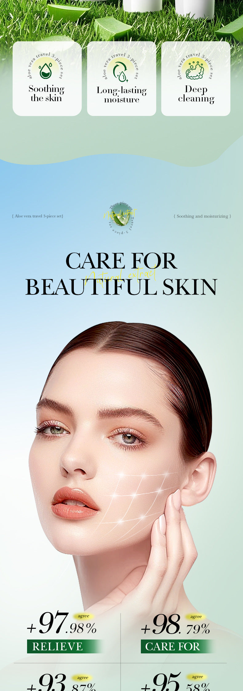 Full English Aloe Vera Travel Three-Piece Set SADOER Aloe Vera Gel Toner Facial Cleanser  Wholesale