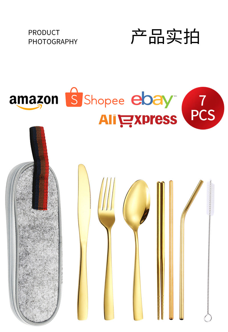 410Stainless Steel Portable Outdoor Camping Tableware Set304Stainless Steel Straw Knife Fork Spoon Chopsticks Seven-Piece Set