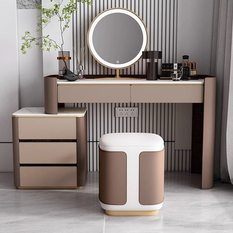 Italian Minimalist Saddle Leather Solid Wood Dressing Table Small Apartment Rock Board Makeup Table Chest of Drawers Integrated Bedroom Makeup Table