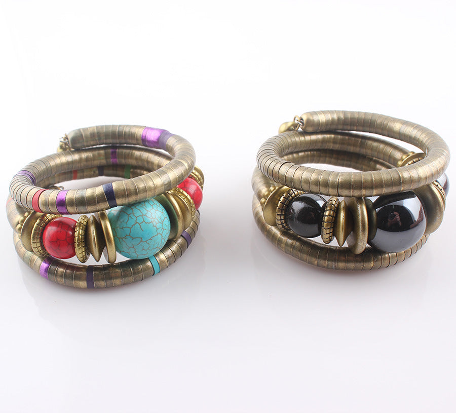 European and American Three-Circle Bracelet Creative Spacer Bead Elastic Snake Bone Bracelet Women's Layered Multi-Layer Bracelet