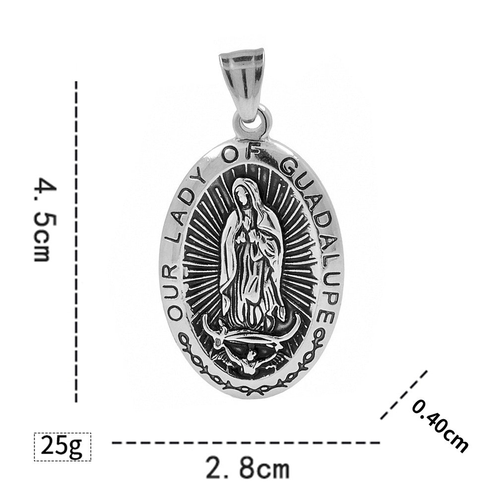 European and American Retro Titanium Steel Virgin Mary Relief Portrait Oval Guadalupe Pendant Collarbone Chain Stainless Steel Necklace