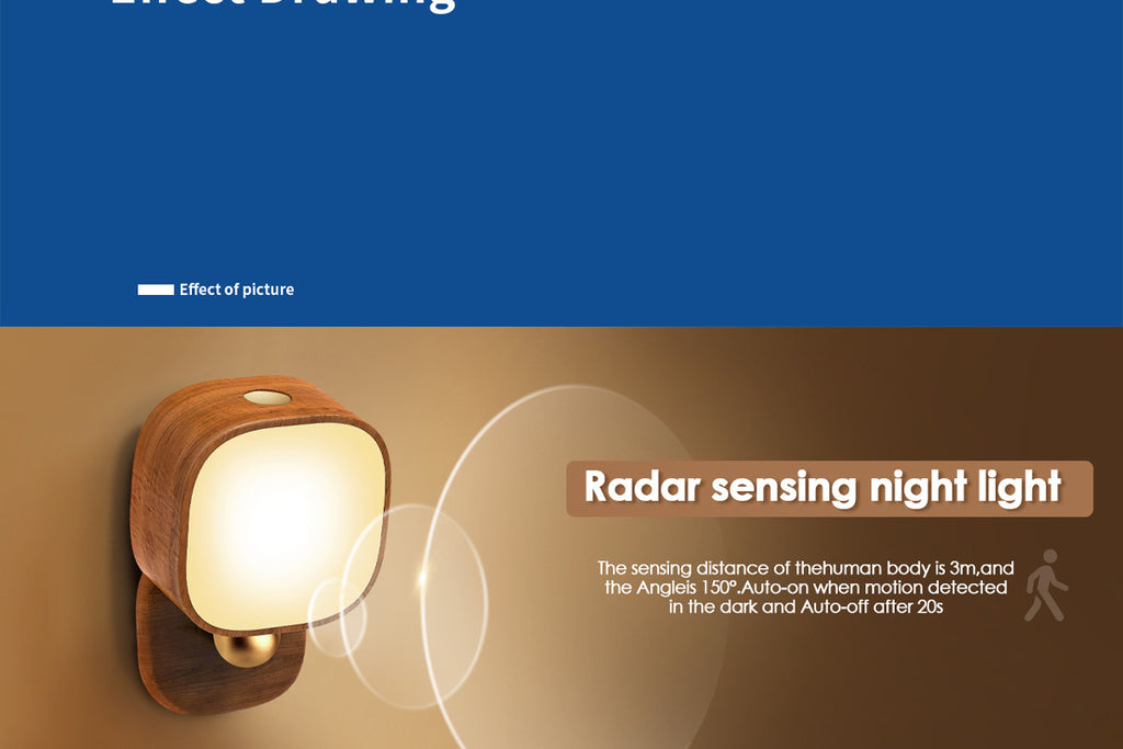 Square Solid Wood Sensor Light New Creative Cabinet Light Bedside Bedroom Smart LED Radar Human Body Night Light