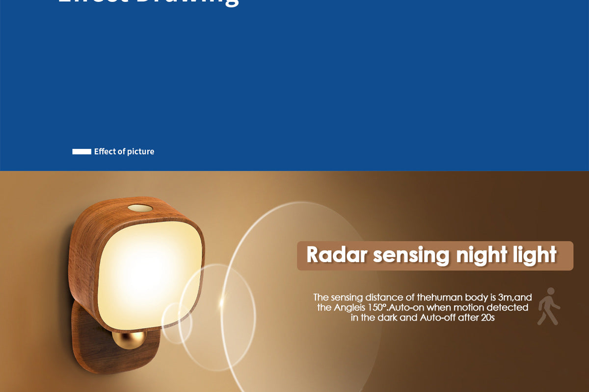 Square Solid Wood Sensor Light New Creative Cabinet Light Bedside Bedroom Smart LED Radar Human Body Night Light
