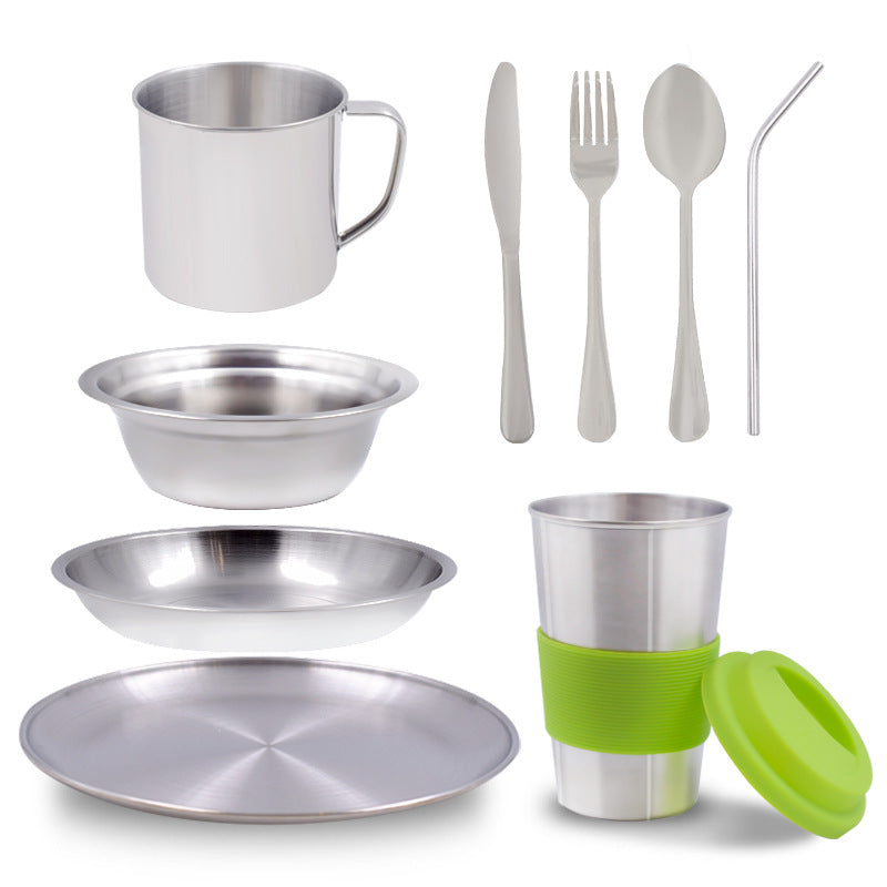 Wholesale Camping Tableware Set11pcs Outdoor camping barbecue travel supplies stainless steel bowls chopsticks plates cups