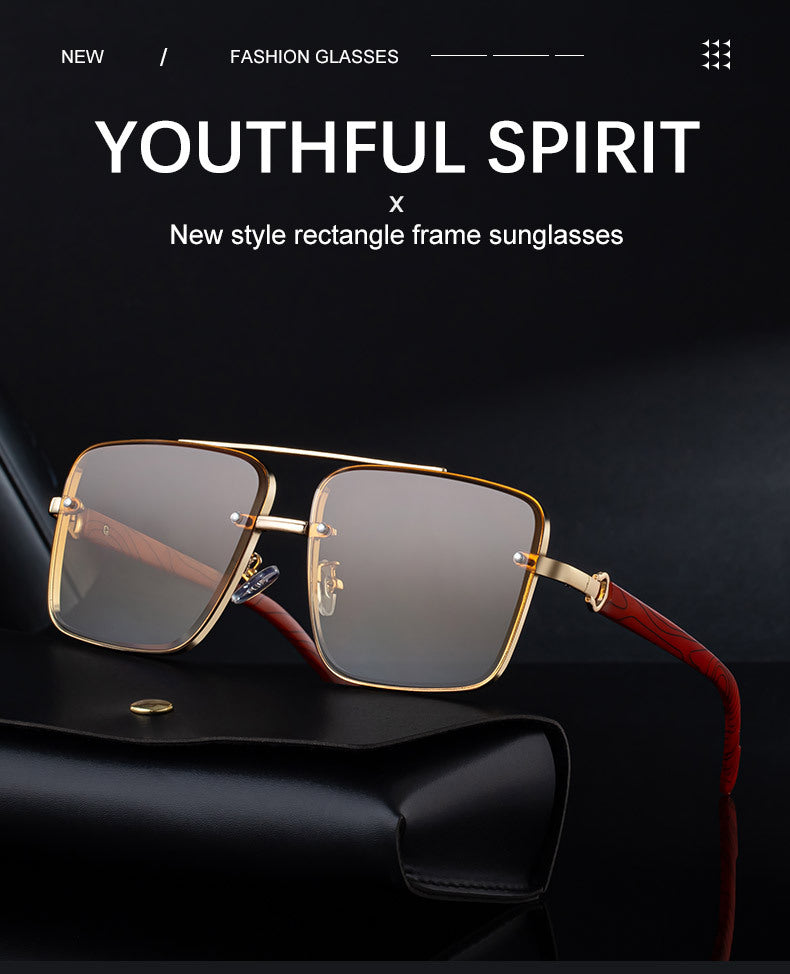 2025New European and American Fashion Square Frame Sunglasses for Men Retro Imitation Wood Grain Temple Double Bridge Sun Protection Sunglasses for Men