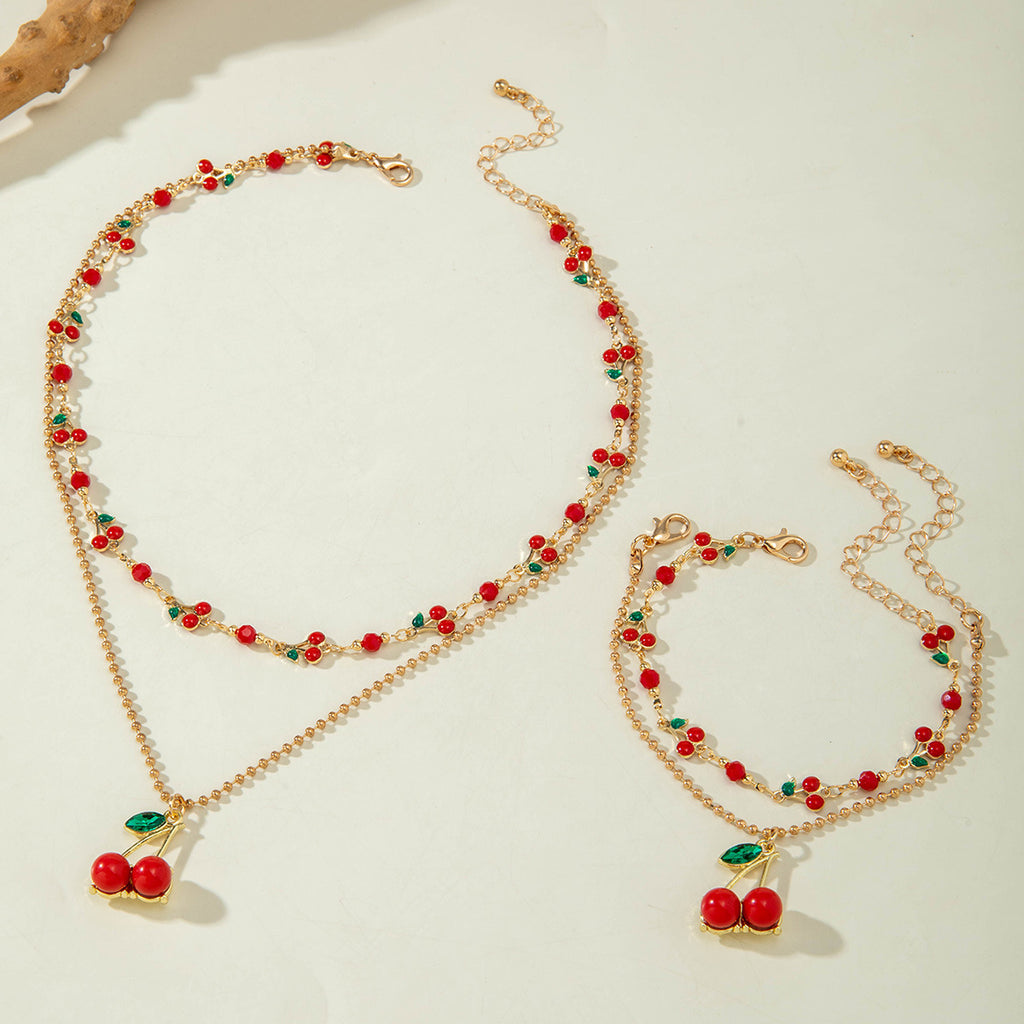 European and American Style Jewelry Light Luxury Imitation Pearl Cherry Necklace High-End Versatile Grass Multi-Layer Stacking Necklace Wholesale