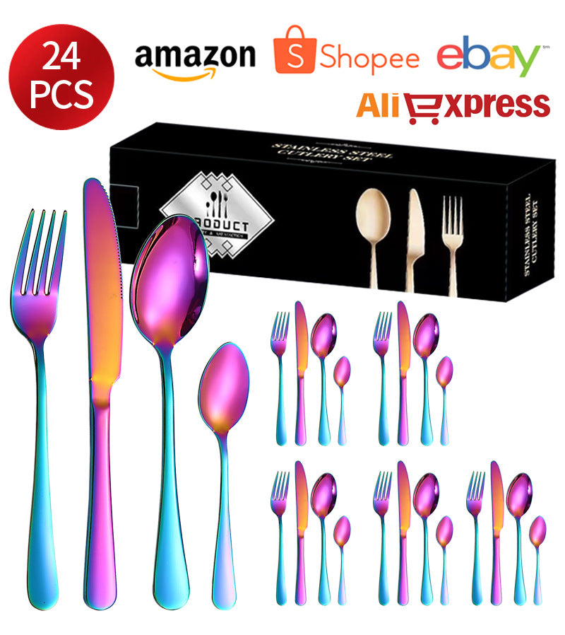 1010Stainless Steel Cutlery Set Hotel Titanium Coated Western Steak Knife Fork Spoon Tea Spoon24Set