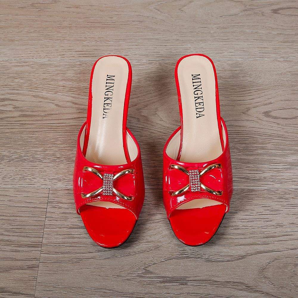 Korean Version Fashion Versatile Bowknot Thin Heel High Heels Women's Outdoor Wear Mid Heel Peep Toe Slippers Large Size Sandals Women's Shoes