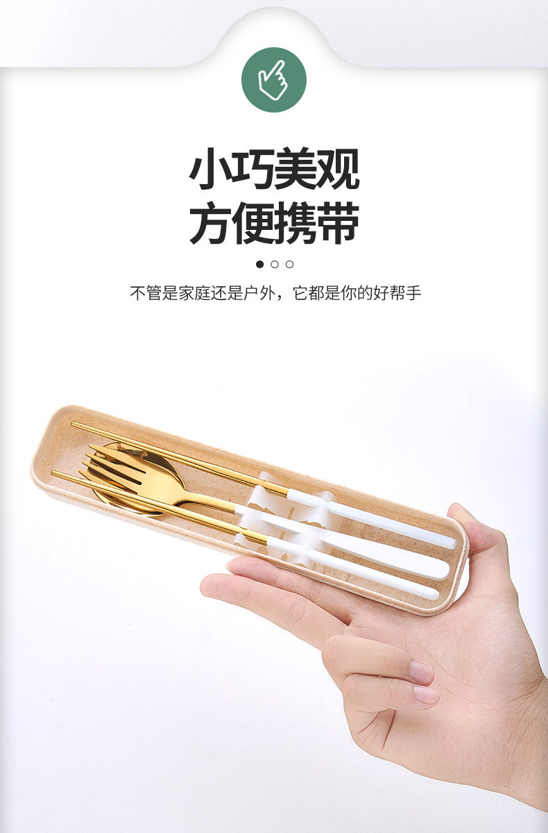 Stainless Steel Korean Portable Tableware Set Spoon Fork Chopsticks Three-Piece Set Student Travel Internet Celebrity Tableware