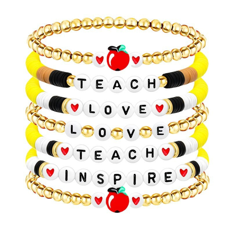 Teacher's Day Thank You Bracelet Set Stackable Soft Clay Heart Gift for Teachers Teach Alphabet Soft Clay Bracelet