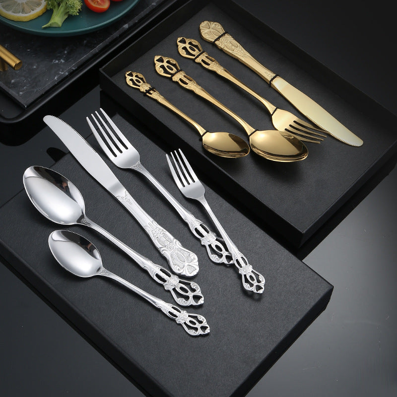 Stainless Steel Cutlery Restaurant Royal Court Knife Fork Spoon Set Hotel Western Cuisine European Retro Relief Steak Knife Fork