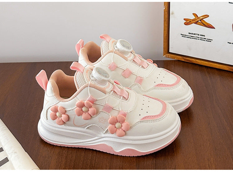 Children's Sports Shoes Spring and Autumn2025New Student Knob Girls' White Sneakers Versatile Casual Girls' Running Shoes