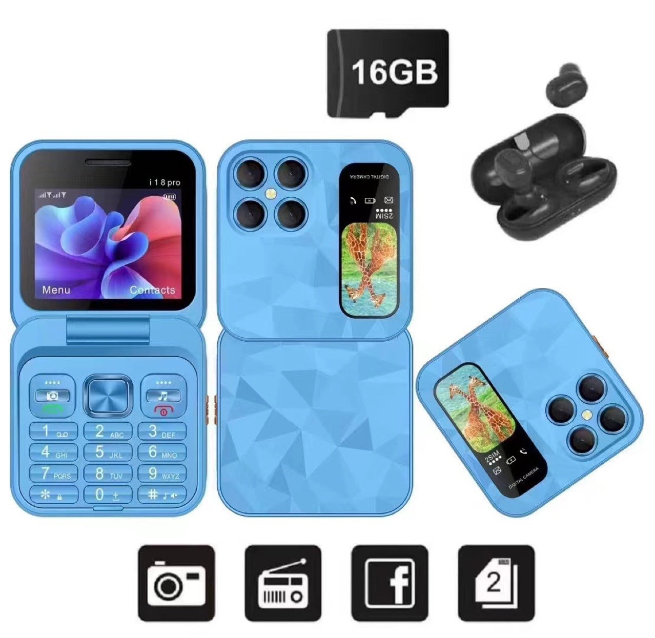 Mini flip Phone New i18pro Flip Phone2.4Dual SIM2G Button Folding Phone