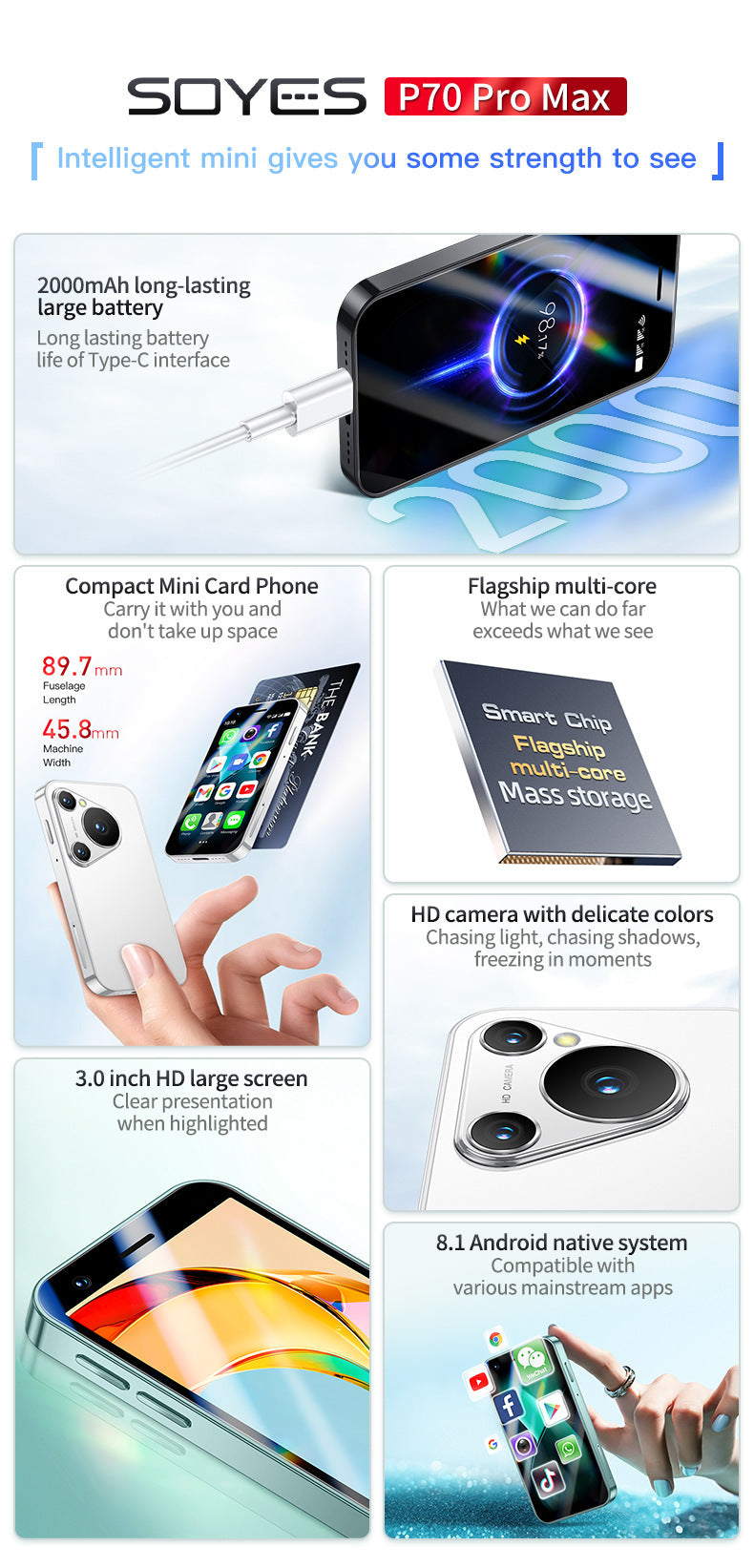 P70promax Mini Mobile Phone3.04-inch Quad-Core Android8.1Ultra-Small Pocket Traditional Chinese Google