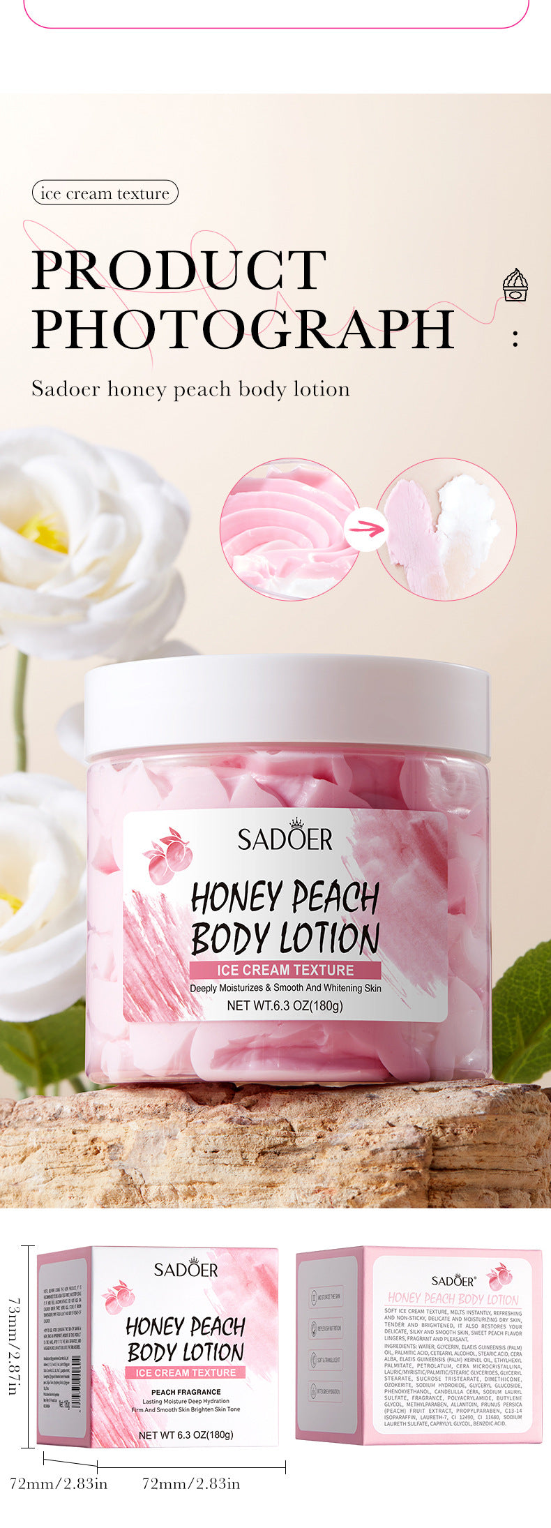 Full English Peach Ice Cream Body Lotion SADOER Moisturizing and Hydrating Body Lotion  Wholesale