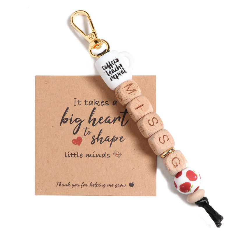 Teacher Appreciation Water Bottle Pendant Thank You Teacher Apple Ornament MISS Letter Square Wooden Bead Keychain Jewelry Accessories