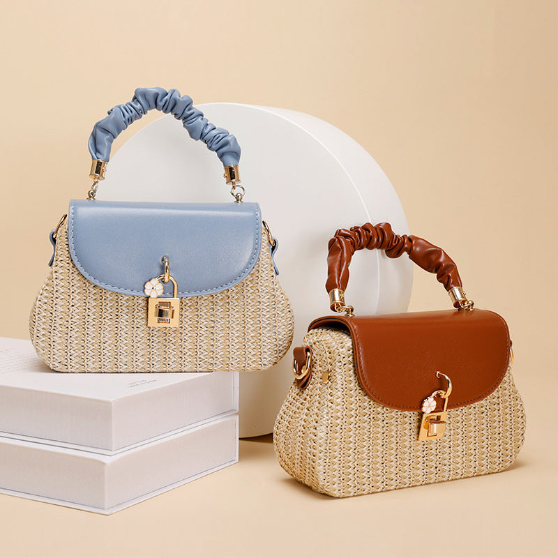 Summer New Style Straw Bag Fashion Box Bag Single Shoulder Crossbody Pleated Handbag Beach Vacation Ethnic Style Women's Bag