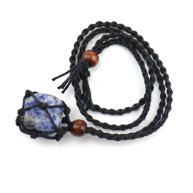 Men's Woven Mesh Necklace Natural Stone Crystal Vintage Sweater Chain Tiger Eye Stone Lapis Lazuli Amethyst Mesh Necklace