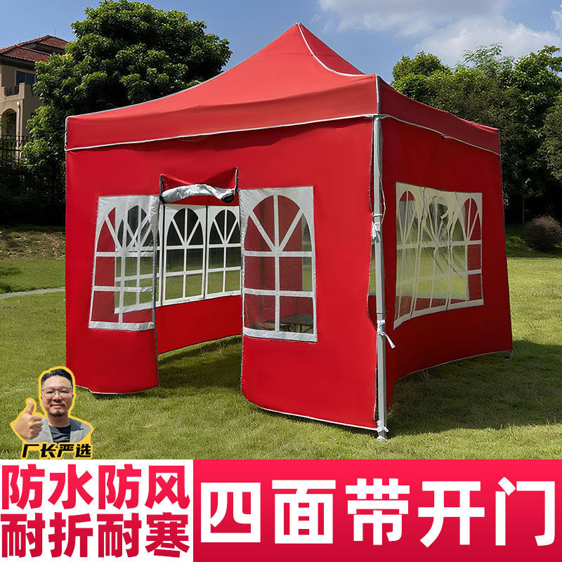 Night Market Stall Tent with Enclosure Transparent Four-Sided Windproof Rainproof Foldable Enclosure Four-Leg Umbrella Canopy Sunshade