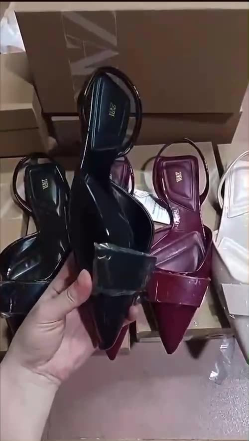 ZA European and American Summer New Pointed Toe Women's Shoes Fashion Patent Leather Three-Color Flat Square Buckle Head Decoration Back Strap Sandals for Women