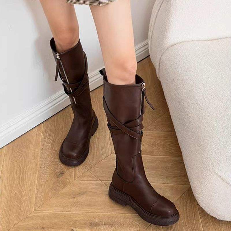 Internet Celebrity Same Style Autumn Medela~Thick-Soled Knight Boots Autumn Winter Retro Style Front Zipper Ghost Emperor Boots Long Boots for Women