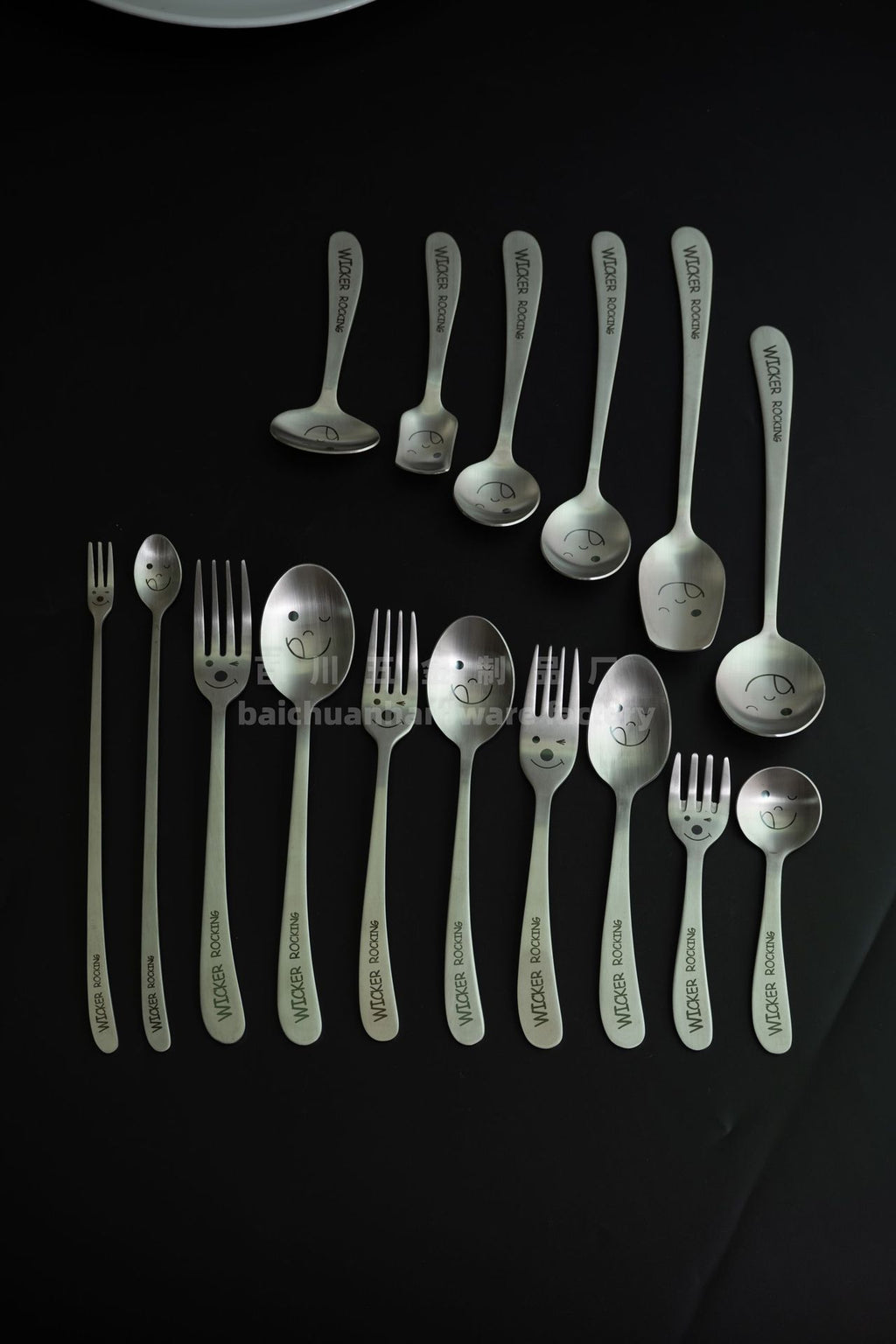 304Stainless Steel Creative Smiley Face Slanted Handle Laser Spoon Chopsticks Fork Student Tableware Full Set Gift Children's Tableware