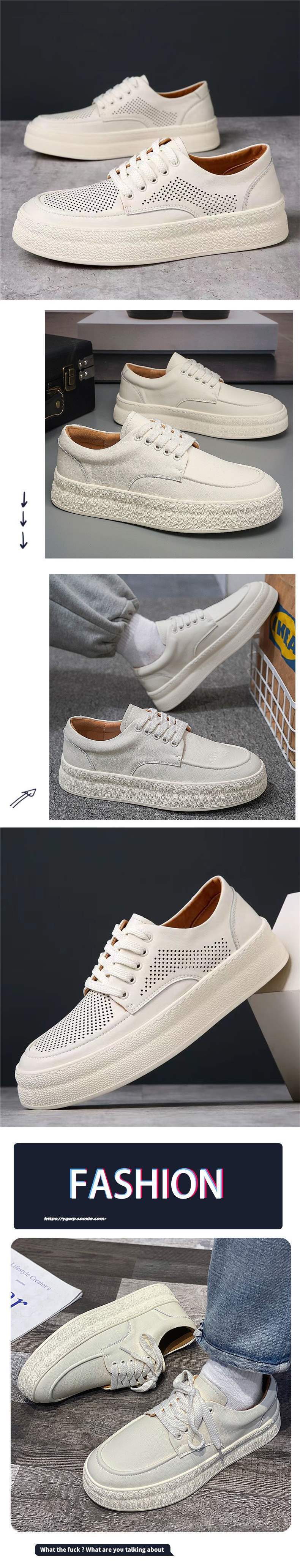 Men's Summer Height-Increasing Thick-Soled Breathable Odor-Resistant Trendy Versatile Genuine Soft Leather Couple's White Shoes Hole Shoes