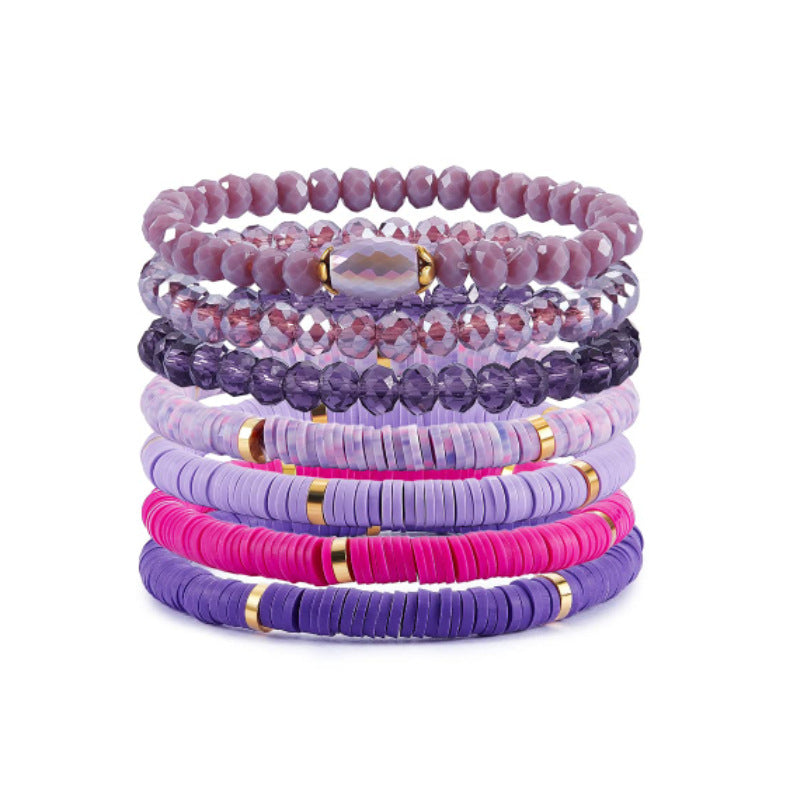 Women's Layered Soft Clay Bracelet Set of Seven Elastic Cord Friendship Bracelets Bohemian Crystal Soft Clay Bracelets