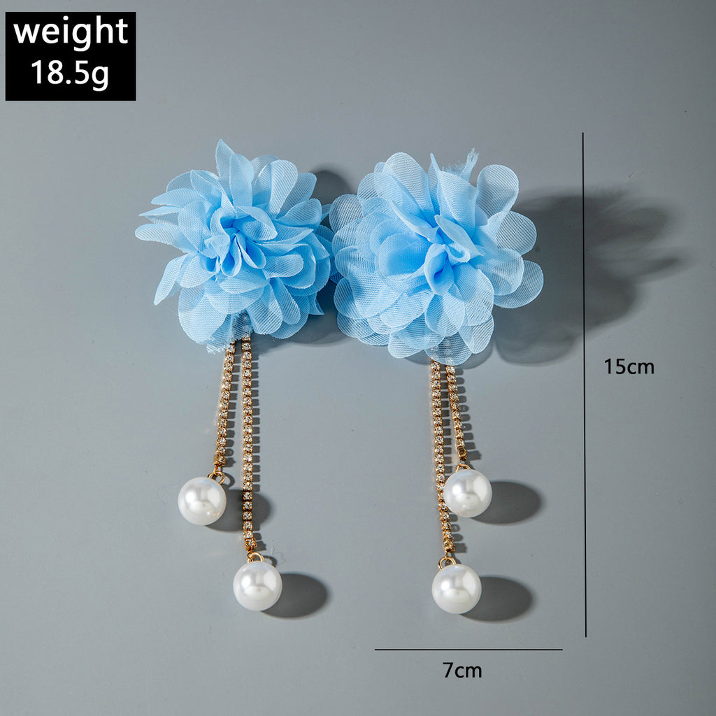 European and American Style Exaggerated Imitation Pearl Tassel Flower Earrings Fresh and Elegant Temperament Earrings for Women