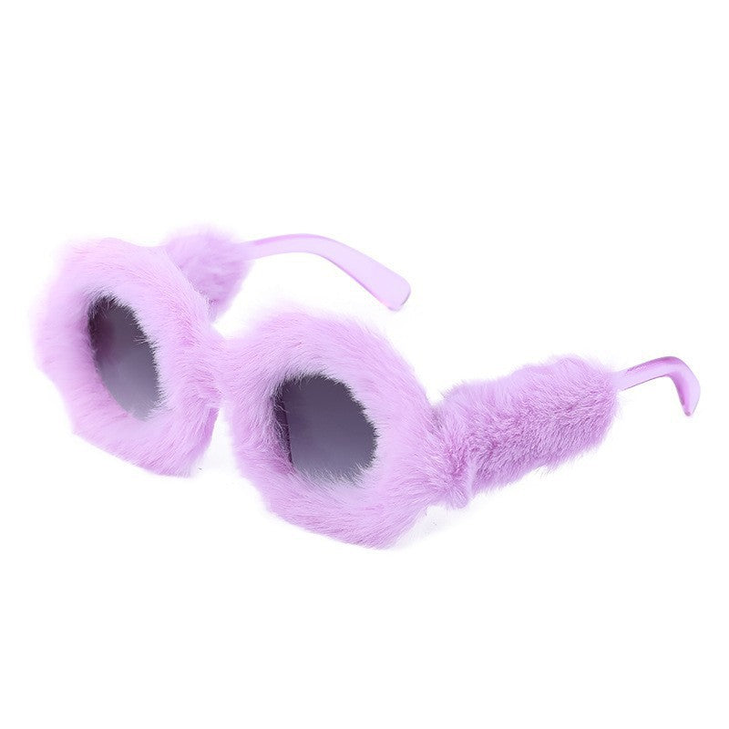 Full Coverage Plush Sunglasses Fashion Round Frame Women's Internet Celebrity Same Style Sunglasses Women's European and American Sunglasses