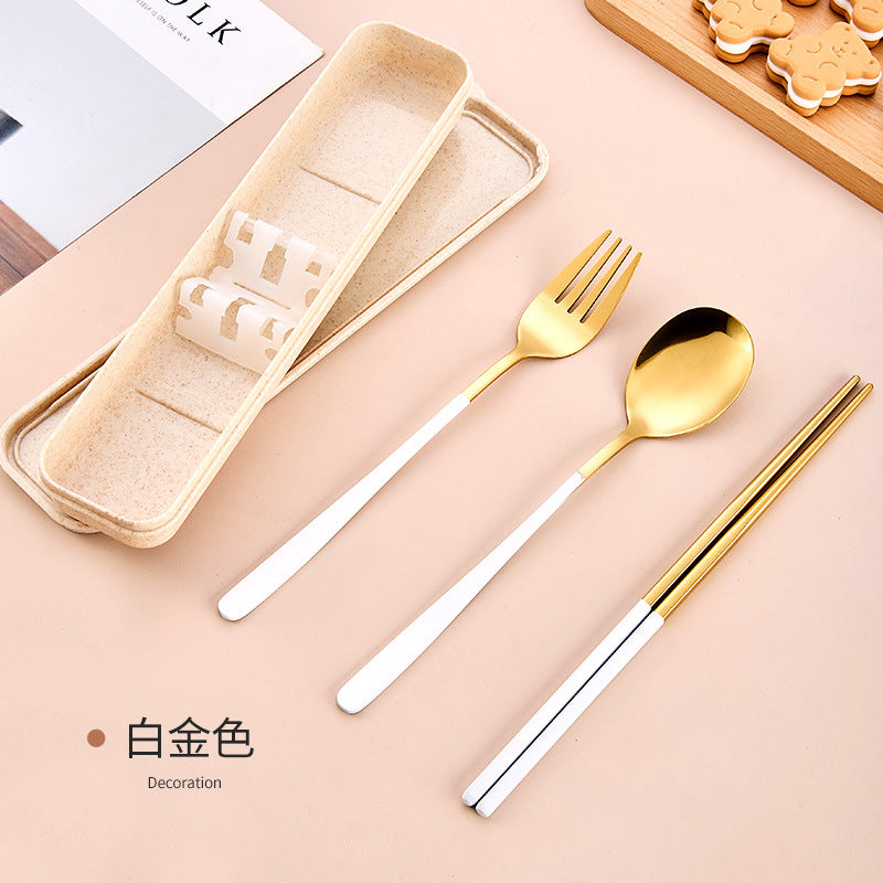 Stainless Steel Korean Portable Tableware Set Spoon Fork Chopsticks Three-Piece Set Student Travel Internet Celebrity Tableware