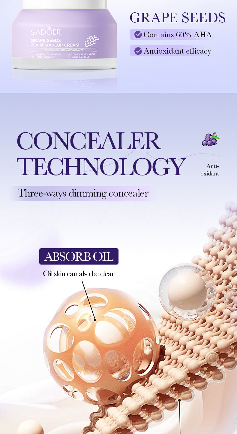 Makeup SADOER Grape Seed Concealer Brightening Cream Skin Softening Face Cream Live Streaming Cross-Border Wholesale