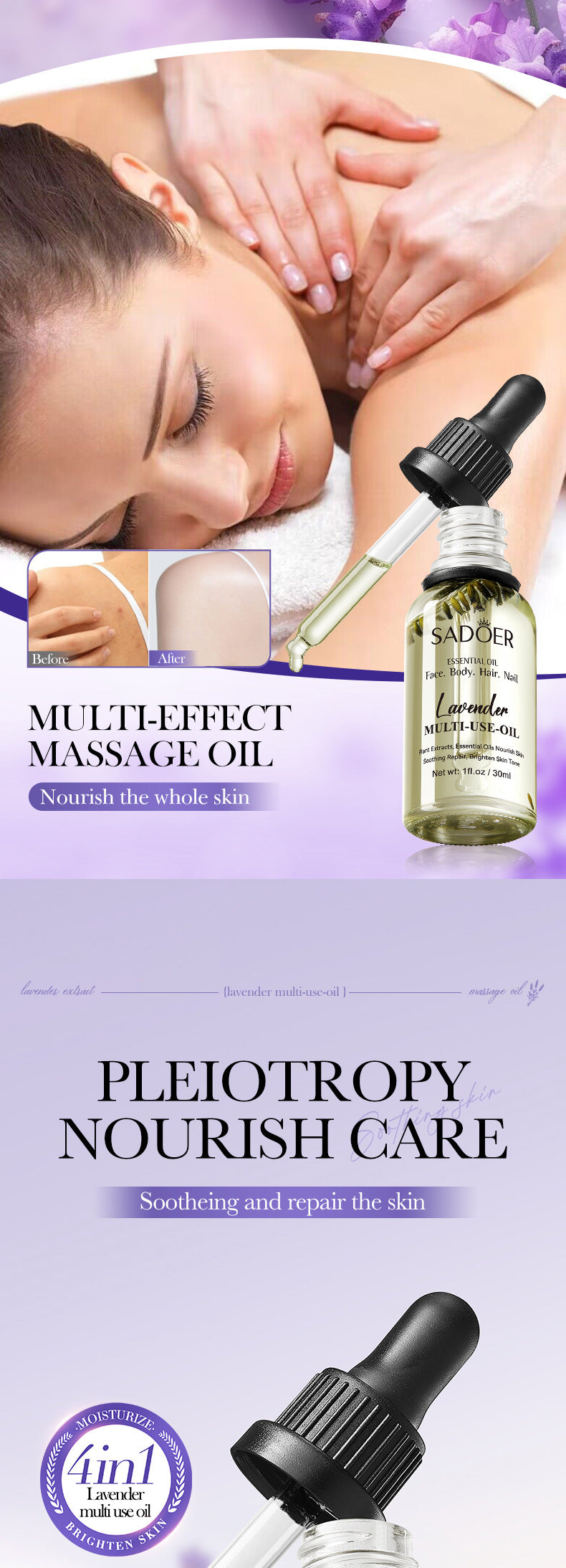 Cross-border Lavender Dried Flower Massage Oil30ml Moisturizing and rejuvenating skin body oil wholesale from foreign trade manufacturer