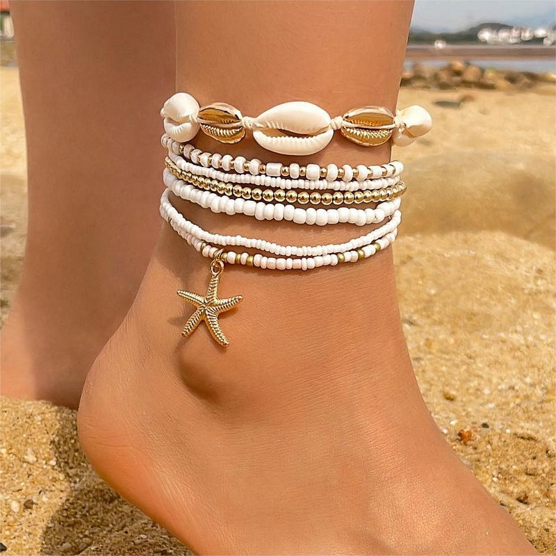 Bohemian Style Rice Bead Anklet Set Casual Vacation Layered Foot Jewelry for Women Beach Starfish Shell Foot Jewelry
