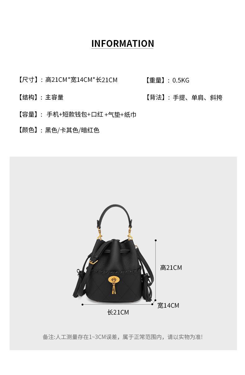 European and American First Layer Cowhide Women's New Genuine Leather Handbag Trendy Bucket Bag Tassel Niche Drawstring Shoulder Crossbody Bag