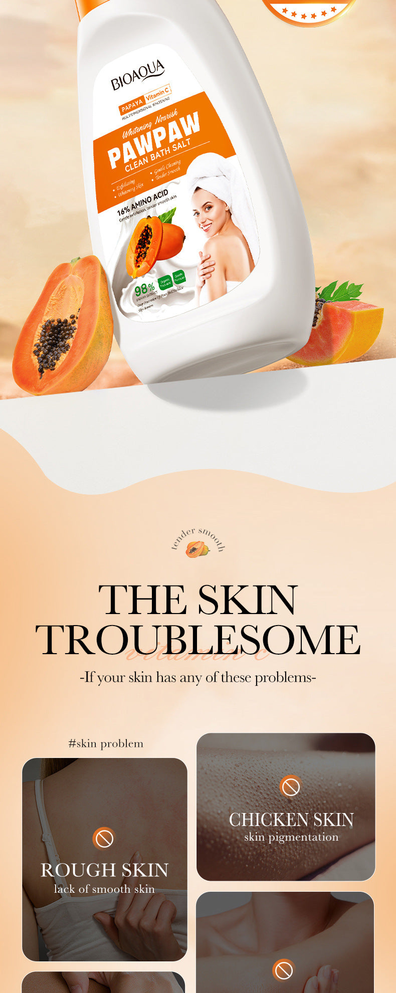 Papaya Whitening Bath Salt430ml BIOAOUA Vitamin C Body Scrub Export Cross-Border Wholesale