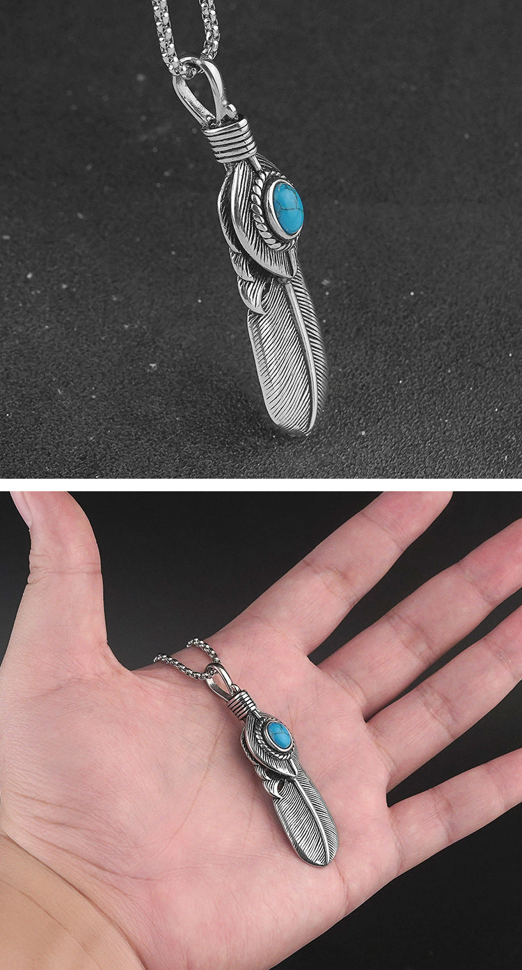 New Takahashi Goro Feather Stainless Steel Men's Necklace Vintage Inlaid Turquoise Titanium Steel Pendant Direct Manufacturer