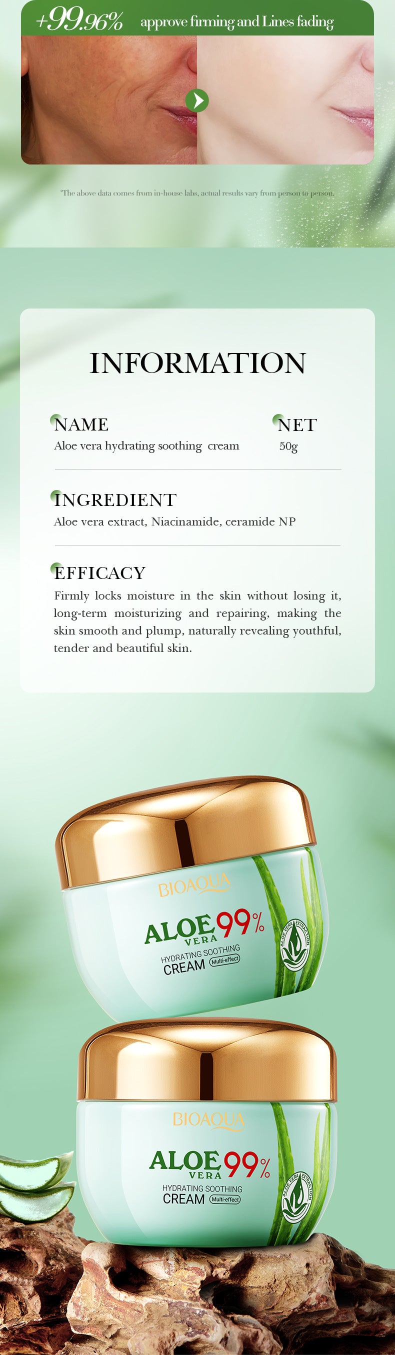 Aloe Vera Face Cream50g BIOAOUA Hydrating, soothing, and nourishing skin moisturizing cream for  foreign trade wholesale