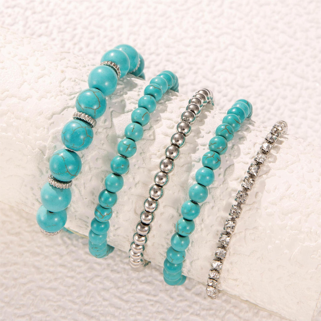 Bohemian Style Turquoise Multi-Layer Stacking Bracelet Set Light Luxury Diamond-encrusted Chain Beaded Bracelet