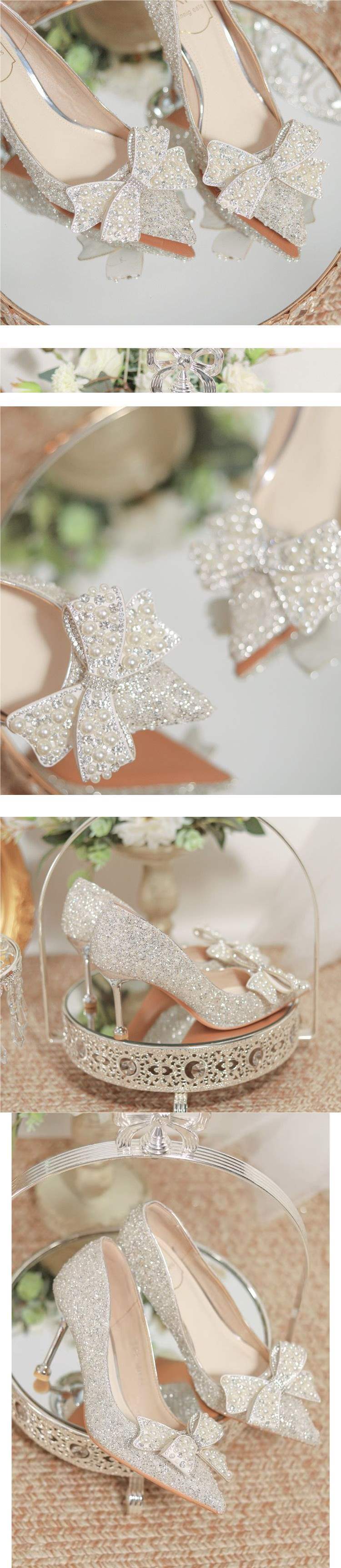 silver Wedding Shoes2025New White Wedding Shoes with Crystal Bow Fairy Style Bridesmaid Stiletto High Heels Trendy