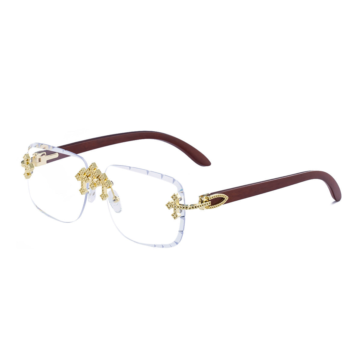2025New European and American Retro Frameless Sunglasses for Men with Diamond Cut Edge and Imitation Wood Grain Temples Wholesale