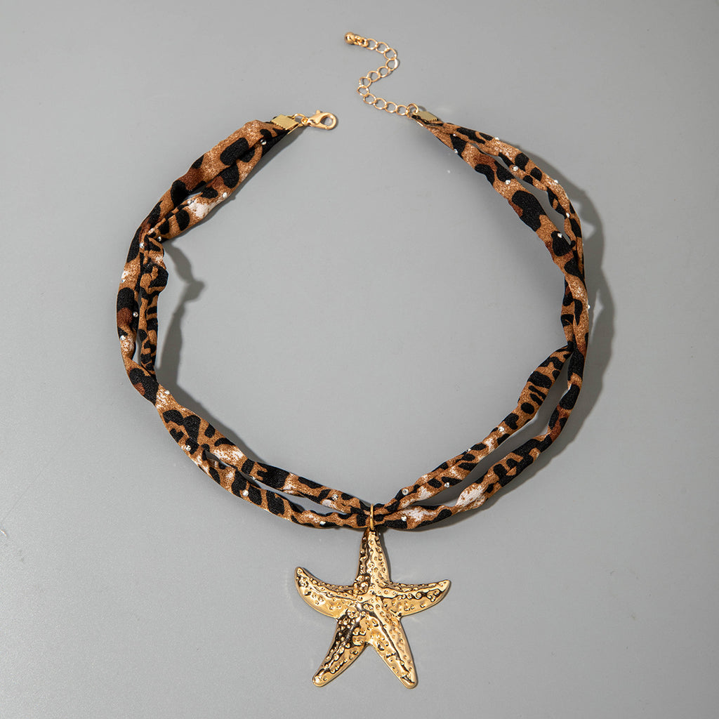 European and American Style Ocean-themed Cross Conch Starfish Pendant Leopard Print Exaggerated Necklace Collarbone Chain Jewelry