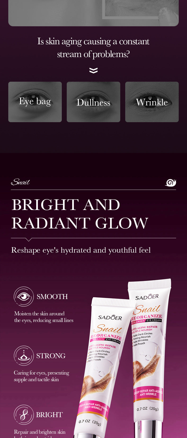 Snail Eye Cream20g SADOER Collagen improves dark circles and wrinkles cross-border wholesale